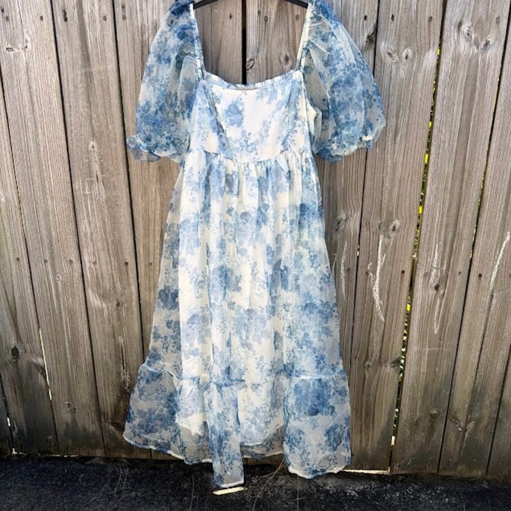 Cottagecore The Limelight Francesca's Dress Small Blue Floral Puff Sleeve Toile